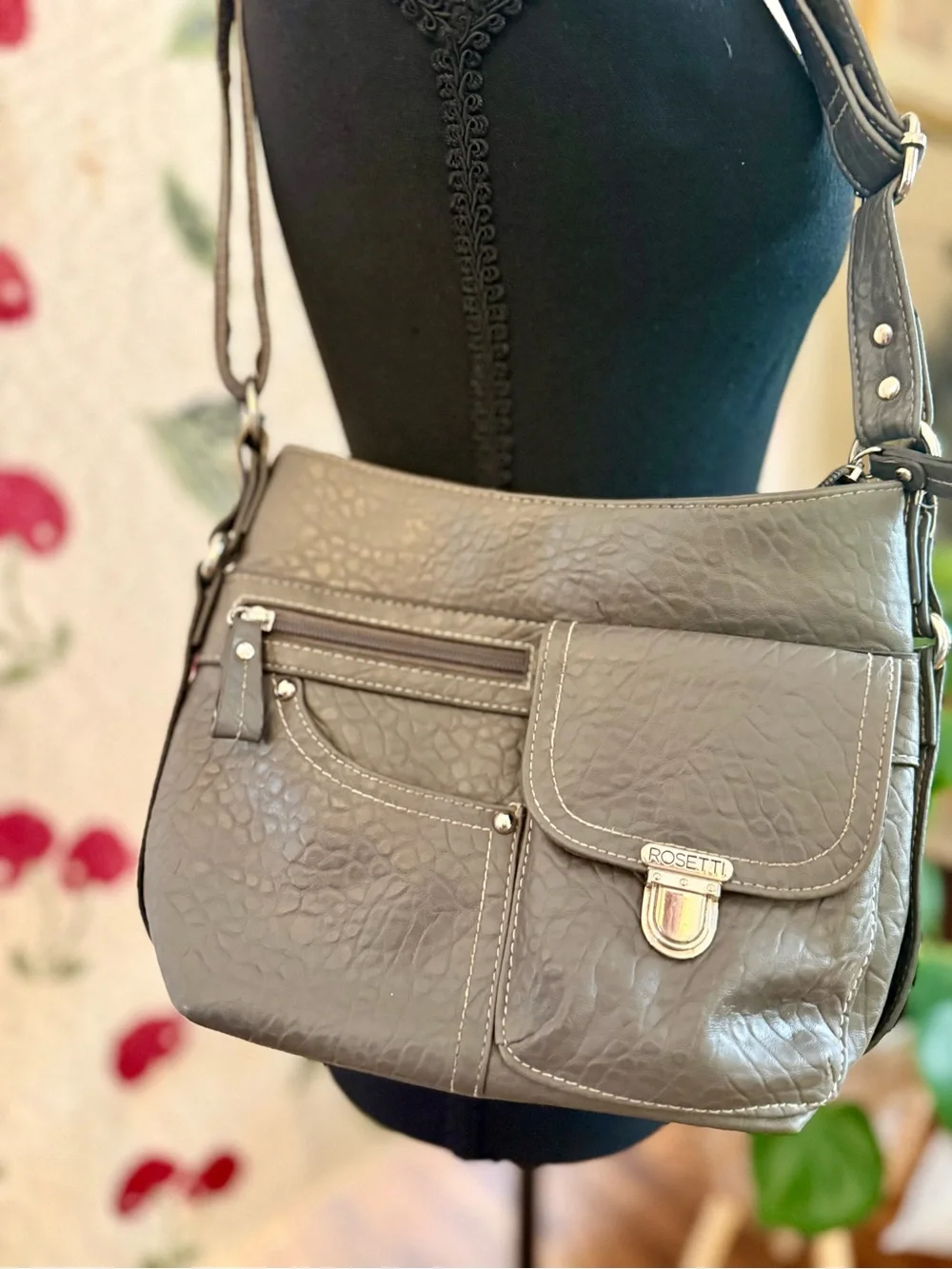 Rosetti Gray-Taupe Textured Crossbody Bag with Front Flap Pocket